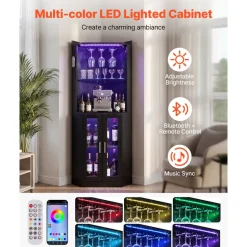 VEVOR Corner Wine Cabinet, Bar Cabinet with Ample Storage, Modern Buffet Sideboard with Glass Holder, Adjustable LED Brightness, Anti-Tip Strap, for Home Kitchen, Living Room, Dining Room, Black Wood