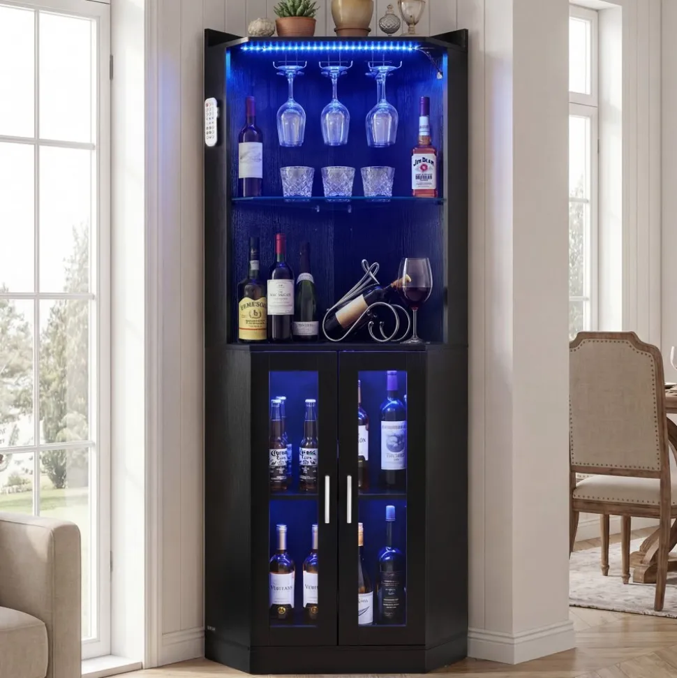 VEVOR Corner Wine Cabinet, Bar Cabinet with Ample Storage, Modern Buffet Sideboard with Glass Holder, Adjustable LED Brightness, Anti-Tip Strap, for Home Kitchen, Living Room, Dining Room, Black Wood