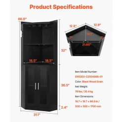 VEVOR Corner Wine Cabinet, Bar Cabinet with Ample Storage, Modern Buffet Sideboard with Glass Holder, Adjustable LED Brightness, Anti-Tip Strap, for Home Kitchen, Living Room, Dining Room, Black Wood