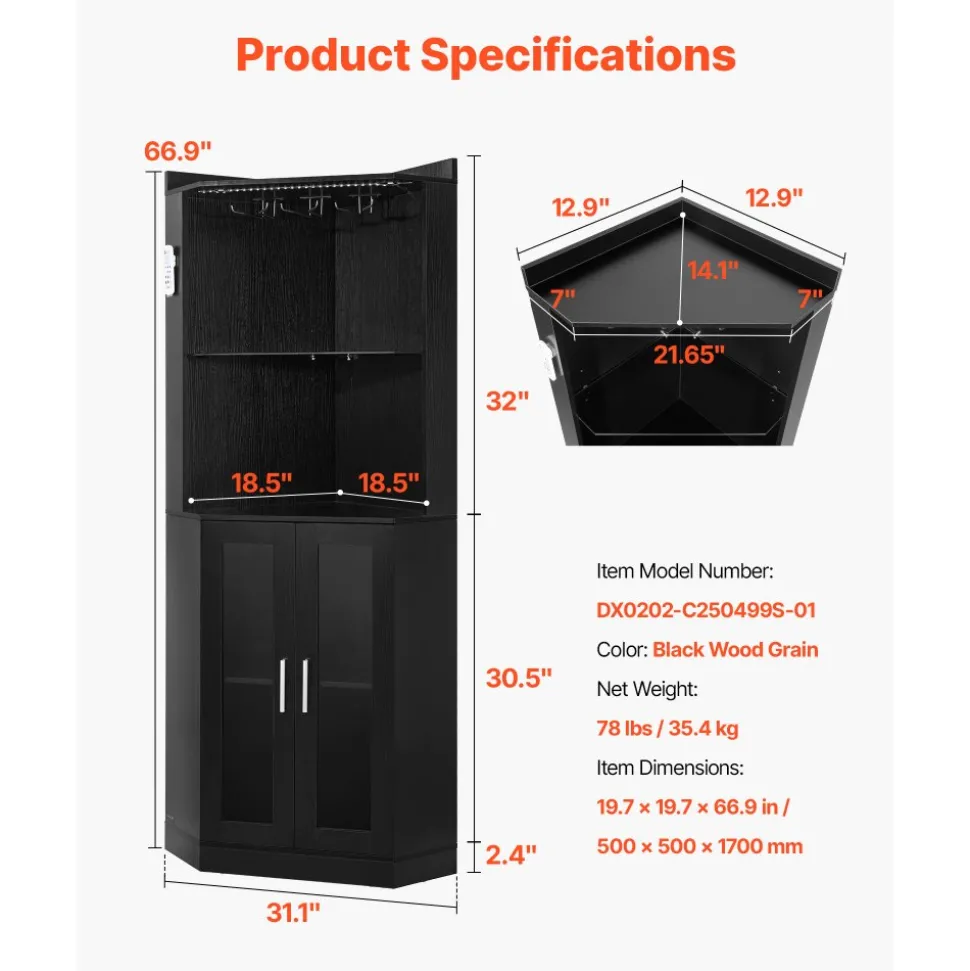 VEVOR Corner Wine Cabinet, Bar Cabinet with Ample Storage, Modern Buffet Sideboard with Glass Holder, Adjustable LED Brightness, Anti-Tip Strap, for Home Kitchen, Living Room, Dining Room, Black Wood