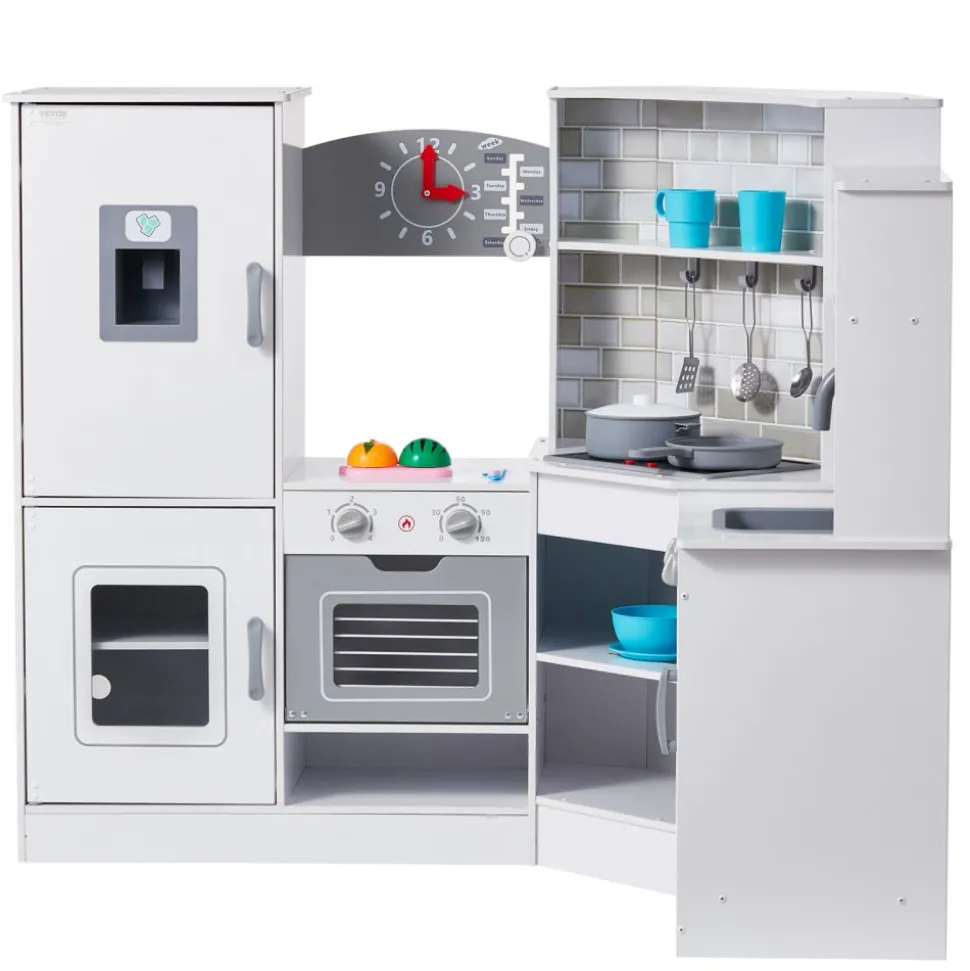 VEVOR Corner Wooden Play Kitchen, Toy Set with Lights and Sounds, Toddler Kitchen with Ice Maker, Oven, Sink, Clock, Microwaves, Refrigerator and Accessories, for Toddlers, Preschoolers, White