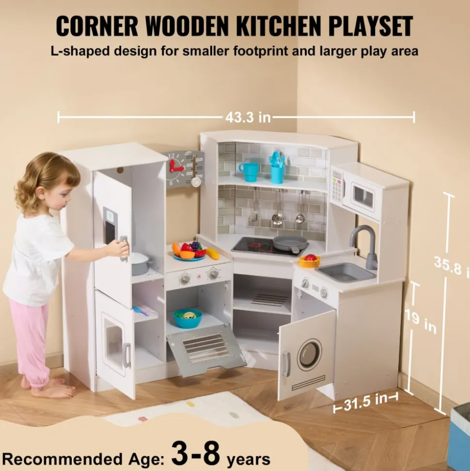 VEVOR Corner Wooden Play Kitchen, Toy Set with Lights and Sounds, Toddler Kitchen with Ice Maker, Oven, Sink, Clock, Microwaves, Refrigerator and Accessories, for Toddlers, Preschoolers, White