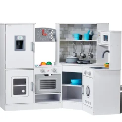 VEVOR Corner Wooden Play Kitchen, Toy Set with Lights and Sounds, Toddler Kitchen with Ice Maker, Oven, Sink, Clock, Microwaves, Refrigerator and Accessories, for Toddlers, Preschoolers, White