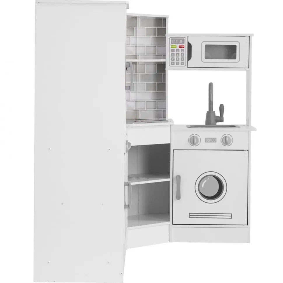 VEVOR Corner Wooden Play Kitchen, Toy Set with Lights and Sounds, Toddler Kitchen with Ice Maker, Oven, Sink, Clock, Microwaves, Refrigerator and Accessories, for Toddlers, Preschoolers, White