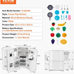 VEVOR Corner Wooden Play Kitchen, Toy Set with Lights and Sounds, Toddler Kitchen with Ice Maker, Oven, Sink, Clock, Microwaves, Refrigerator and Accessories, for Toddlers, Preschoolers, White