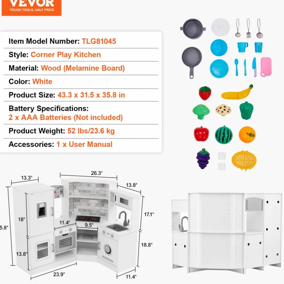 VEVOR Corner Wooden Play Kitchen, Toy Set with Lights and Sounds, Toddler Kitchen with Ice Maker, Oven, Sink, Clock, Microwaves, Refrigerator and Accessories, for Toddlers, Preschoolers, White