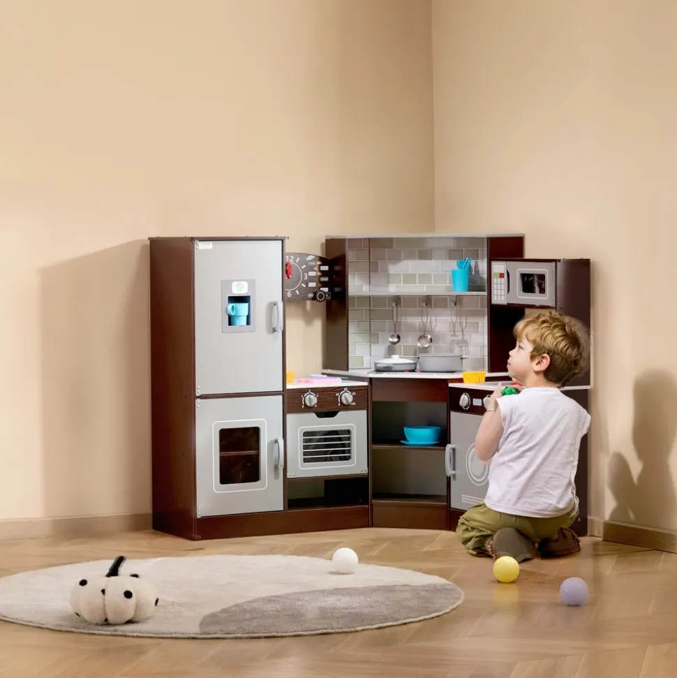 VEVOR Corner Wooden Play Kitchen, Toy Set with Lights and Sounds, Toddler Kitchen with Ice Maker, Oven, Sink, Clock, Microwaves, Refrigerator and Accessories, for Toddlers, Preschoolers, Brown