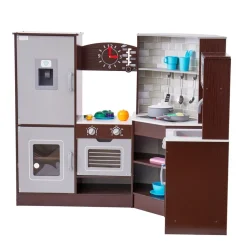 VEVOR Corner Wooden Play Kitchen, Toy Set with Lights and Sounds, Toddler Kitchen with Ice Maker, Oven, Sink, Clock, Microwaves, Refrigerator and Accessories, for Toddlers, Preschoolers, Brown