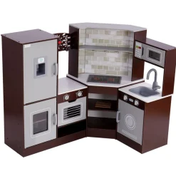 VEVOR Corner Wooden Play Kitchen, Toy Set with Lights and Sounds, Toddler Kitchen with Ice Maker, Oven, Sink, Clock, Microwaves, Refrigerator and Accessories, for Toddlers, Preschoolers, Brown