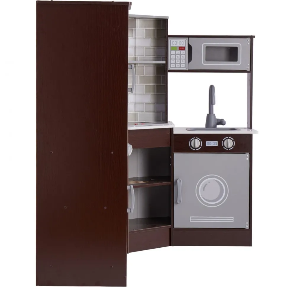 VEVOR Corner Wooden Play Kitchen, Toy Set with Lights and Sounds, Toddler Kitchen with Ice Maker, Oven, Sink, Clock, Microwaves, Refrigerator and Accessories, for Toddlers, Preschoolers, Brown