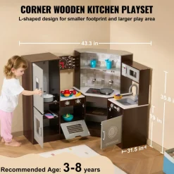 VEVOR Corner Wooden Play Kitchen, Toy Set with Lights and Sounds, Toddler Kitchen with Ice Maker, Oven, Sink, Clock, Microwaves, Refrigerator and Accessories, for Toddlers, Preschoolers, Brown