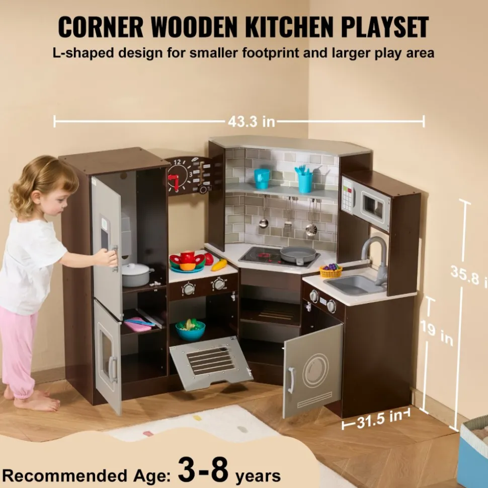 VEVOR Corner Wooden Play Kitchen, Toy Set with Lights and Sounds, Toddler Kitchen with Ice Maker, Oven, Sink, Clock, Microwaves, Refrigerator and Accessories, for Toddlers, Preschoolers, Brown