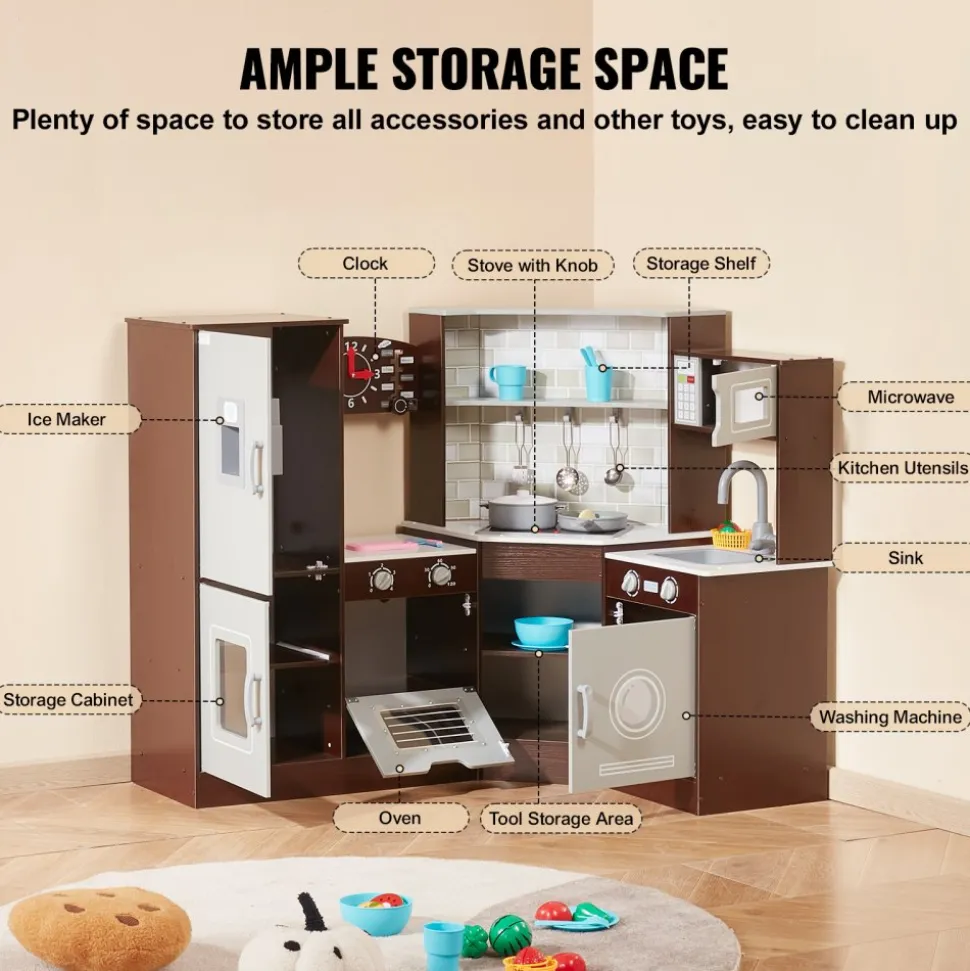 VEVOR Corner Wooden Play Kitchen, Toy Set with Lights and Sounds, Toddler Kitchen with Ice Maker, Oven, Sink, Clock, Microwaves, Refrigerator and Accessories, for Toddlers, Preschoolers, Brown