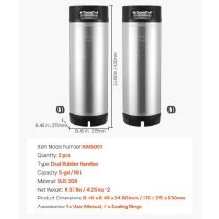 VEVOR Corny Keg, 5 Gallon Ball Lock Keg, SUS304 Cold Brew Kegs with Dual Rubber Handles & Heavy-Duty Rubber Bottom, Brewing Equipment for Home Brewing Party, 2 PCS