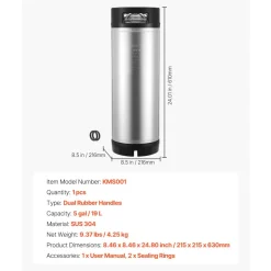 VEVOR Corny Keg, 5 Gallon Ball Lock Keg, SUS304 Cold Brew Kegs with Dual Rubber Handles & Heavy-Duty Rubber Bottom, Brewing Equipment for Home Brewing Party, 1 PCS