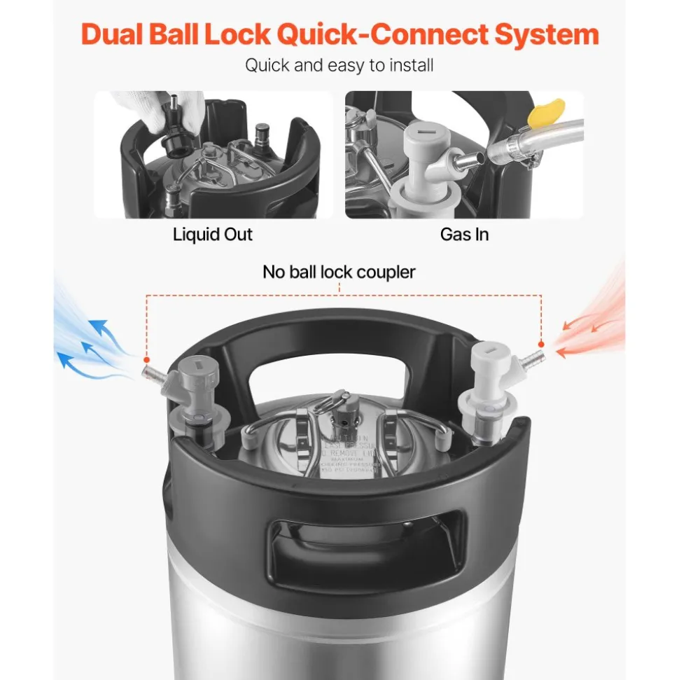 VEVOR Corny Keg, 2.5 Gallon Ball Lock Keg, SUS304 Cold Brew Kegs with Dual Rubber Handles & Heavy-Duty Rubber Bottom, Brewing Equipment for Home Brewing Party, 2 PCS