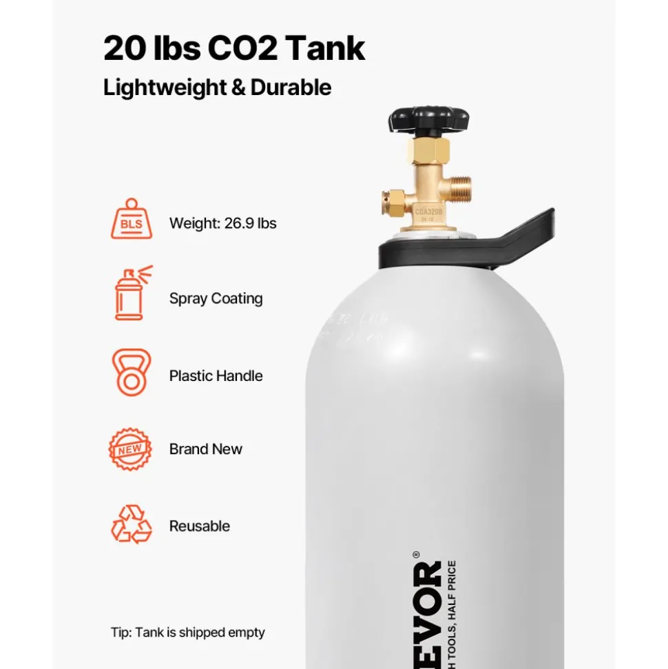 VEVOR CO2 Tank, 20 lbs New Aluminum Alloy Cylinder, CO2 Air Tank with Light Spray Coating, CGA320 Valve, Handle & Purple Copper Siphon, DOT Approved Cylinder for Draft Beer Dispensing and Soda Maker