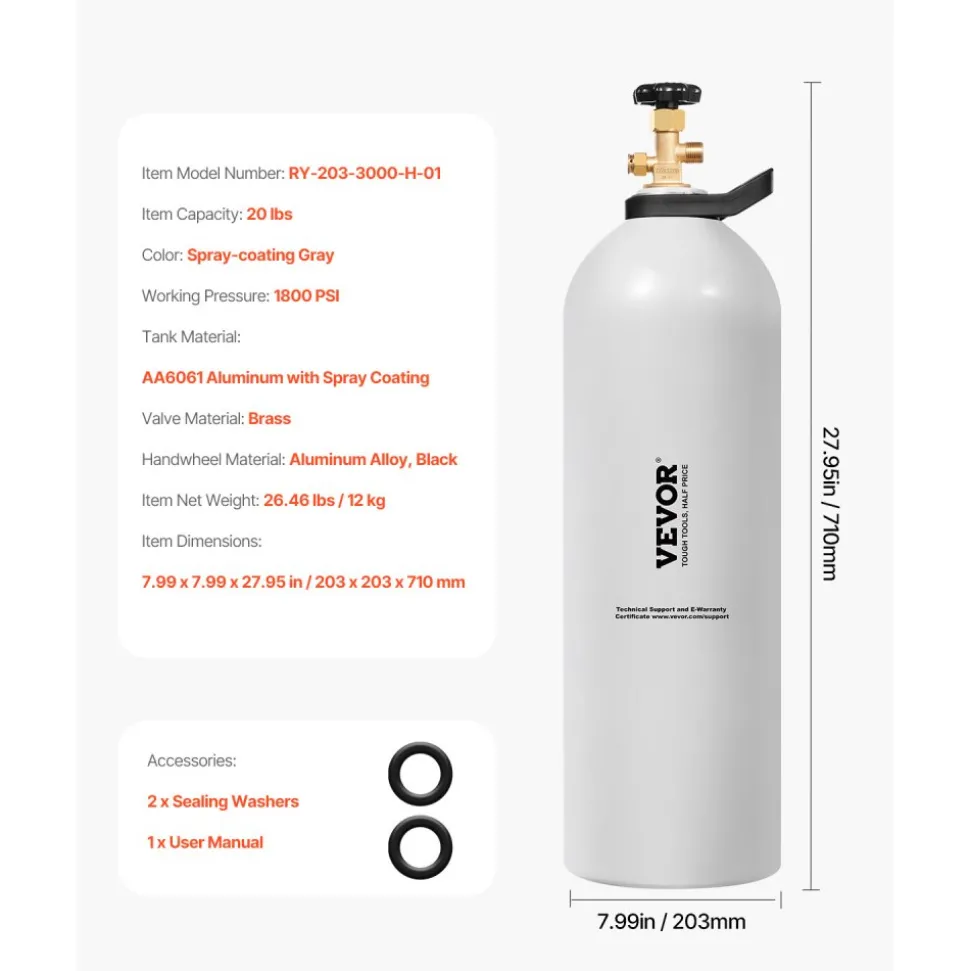 VEVOR CO2 Tank, 20 lbs New Aluminum Alloy Cylinder, CO2 Air Tank with Spray Coating, CGA320 Valve, Handle & Adjustable Pressure, DOT & TC Approved Cylinder for Draft Beer Dispensing and Soda Maker