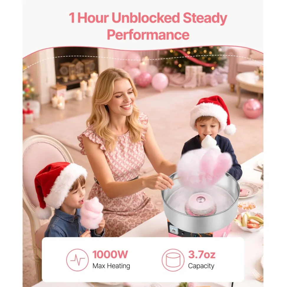 VEVOR Cotton Candy Machine Commercial, 1000W Electric Candy Floss Maker, Easy Use with 15 inch Stainless Steel Bowl and Sugar Scoop, Makes Hard Candy for Home Kids Birthday, Family Party, Pink
