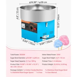 VEVOR Cotton Candy Machine Commercial, 1000W Electric Candy Floss Maker, Easy Use with 15 inch Stainless Steel Bowl and Sugar Scoop, Makes Hard Candy for Home Kids Birthday, Family Party, Blue