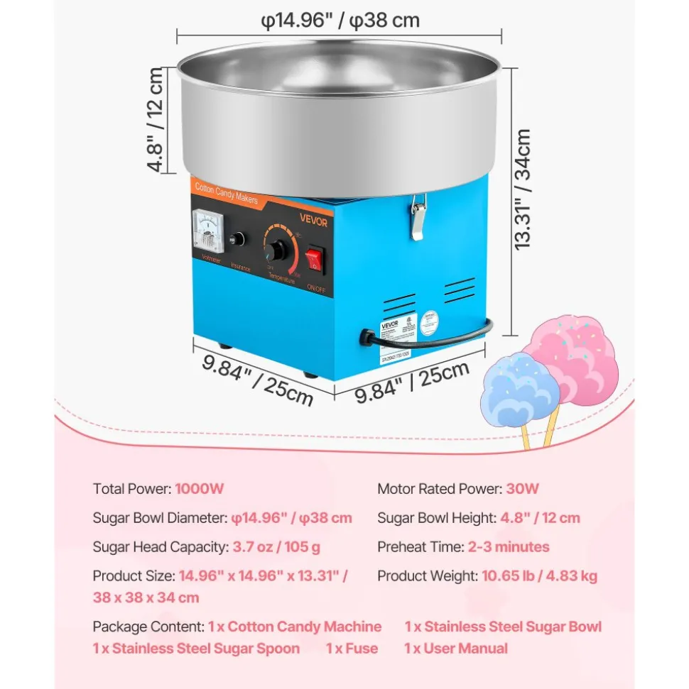 VEVOR Cotton Candy Machine Commercial, 1000W Electric Candy Floss Maker, Easy Use with 15 inch Stainless Steel Bowl and Sugar Scoop, Makes Hard Candy for Home Kids Birthday, Family Party, Blue