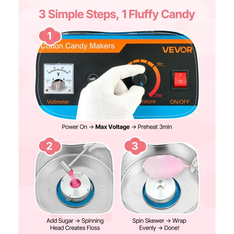 VEVOR Cotton Candy Machine Commercial, 1000W Electric Candy Floss Maker, Easy Use with 15 inch Stainless Steel Bowl and Sugar Scoop, Makes Hard Candy for Home Kids Birthday, Family Party, Blue