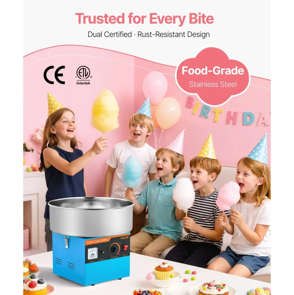 VEVOR Cotton Candy Machine Commercial, 1000W Electric Candy Floss Maker, Easy Use with 15 inch Stainless Steel Bowl and Sugar Scoop, Makes Hard Candy for Home Kids Birthday, Family Party, Blue