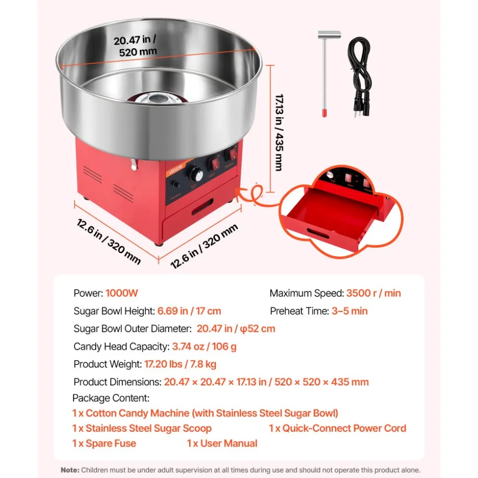 VEVOR Cotton Candy Machine Commercial 1000W Electric Candy Floss Maker Blue, Ideal for Home, Carnival, Birthday, Family Party, Easy Use with 20.5 in Stainless Steel Bowl, Storage Drawer, Sugar Scoop