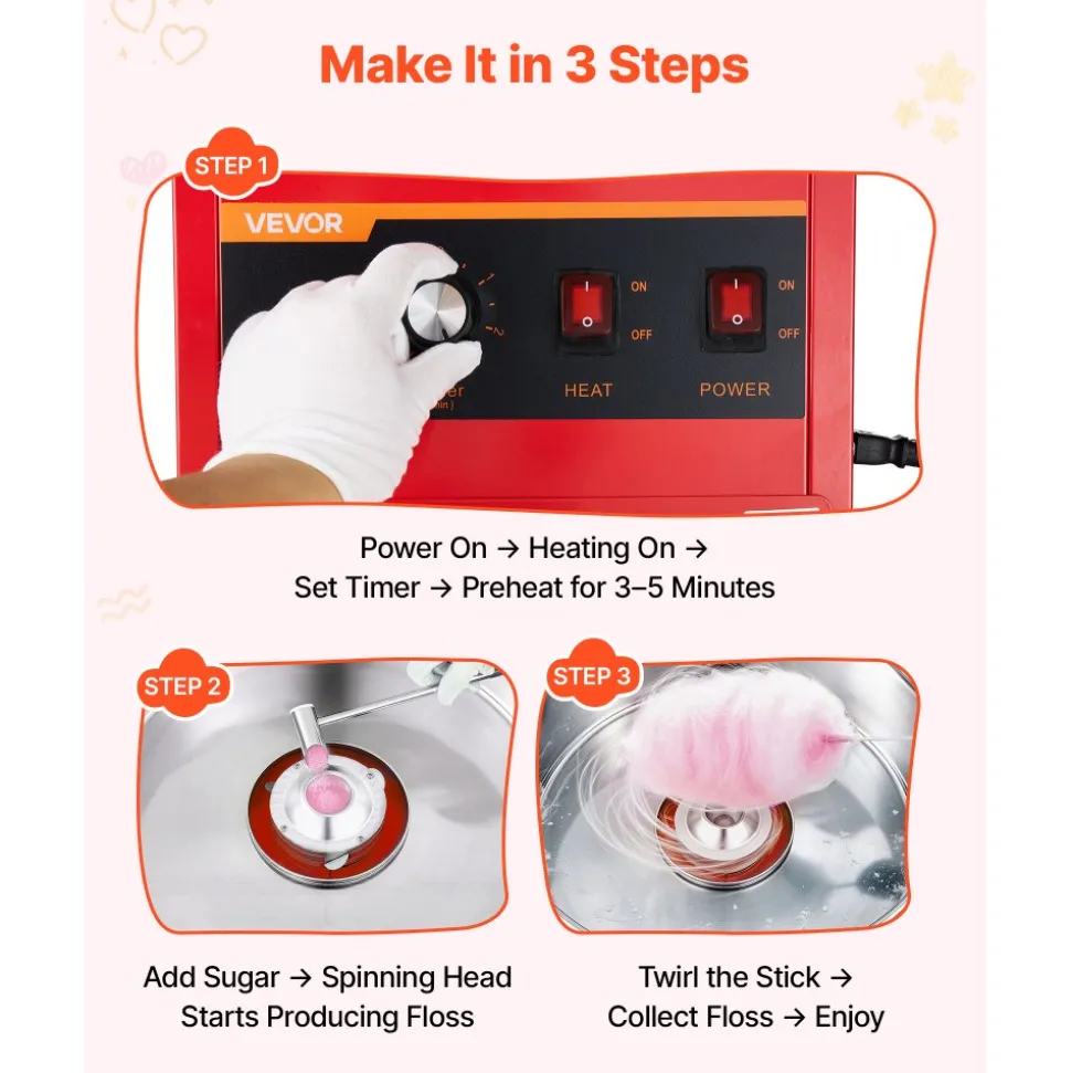 VEVOR Cotton Candy Machine Commercial 1000W Electric Candy Floss Maker Blue, Ideal for Home, Carnival, Birthday, Family Party, Easy Use with 20.5 in Stainless Steel Bowl, Storage Drawer, Sugar Scoop