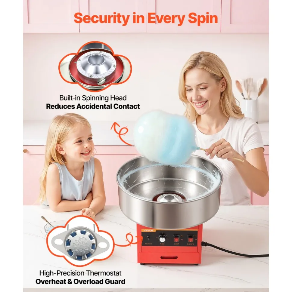 VEVOR Cotton Candy Machine Commercial 1000W Electric Candy Floss Maker Blue, Ideal for Home, Carnival, Birthday, Family Party, Easy Use with 20.5 in Stainless Steel Bowl, Storage Drawer, Sugar Scoop
