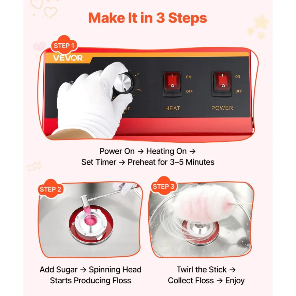VEVOR Cotton Candy Machine Commercial 1000W Electric Candy Floss Maker Red, Ideal for Home, Carnival, Birthday, Family Party, Easy Use with 20.5 in Stainless Steel Bowl, Storage Tray and Sugar Scoop