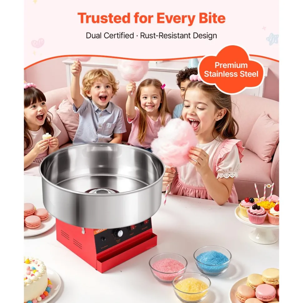 VEVOR Cotton Candy Machine Commercial 1000W Electric Candy Floss Maker Red, Ideal for Home, Carnival, Birthday, Family Party, Easy Use with 20.5 in Stainless Steel Bowl, Storage Tray and Sugar Scoop