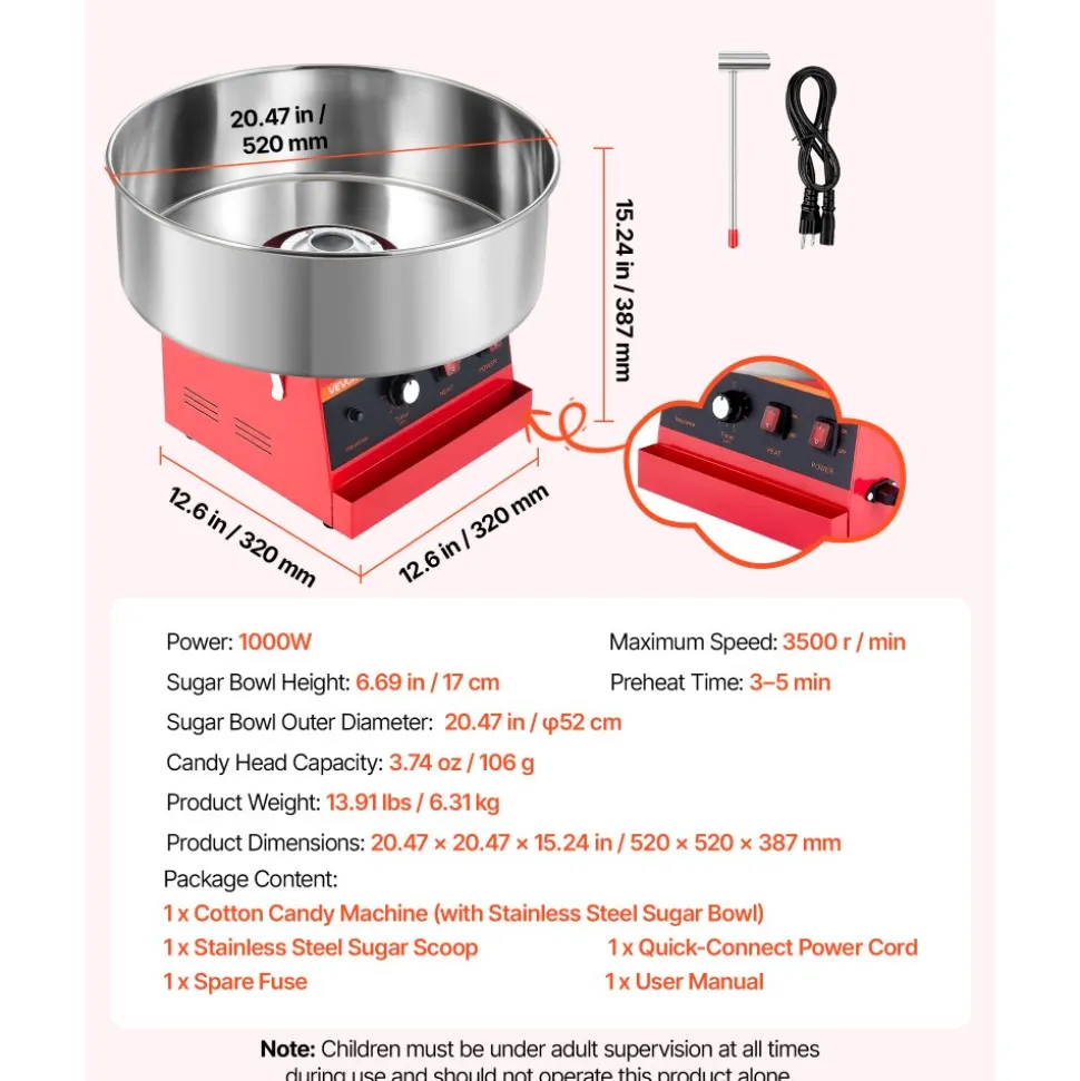 VEVOR Cotton Candy Machine Commercial 1000W Electric Candy Floss Maker Red, Ideal for Home, Carnival, Birthday, Family Party, Easy Use with 20.5 in Stainless Steel Bowl, Storage Tray and Sugar Scoop