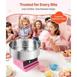 VEVOR Cotton Candy Machine Commercial 1000W Electric Candy Floss Maker Pink, Ideal for Home, Carnival, Birthday, Family Party, Easy Use with 20.5 in Stainless Steel Bowl, Storage Tray and Sugar Scoop