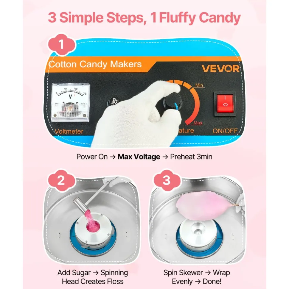 VEVOR Cotton Candy Machine Commercial, 1000W Electric Candy Floss Maker, Easy Use with 15 inch Stainless Steel Bowl and Sugar Scoop, Makes Hard Candy for Home Kids Birthday, Family Party, Blue