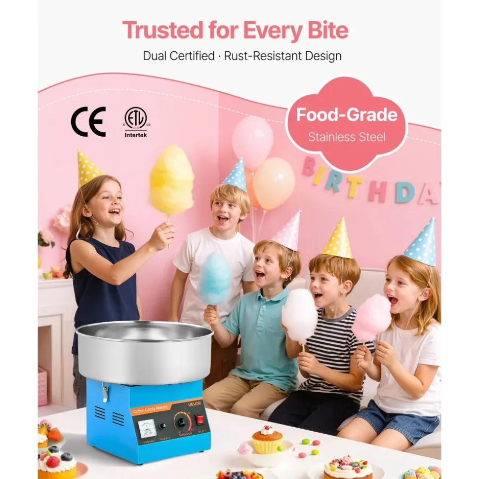 VEVOR Cotton Candy Machine Commercial, 1000W Electric Candy Floss Maker, Easy Use with 15 inch Stainless Steel Bowl and Sugar Scoop, Makes Hard Candy for Home Kids Birthday, Family Party, Blue