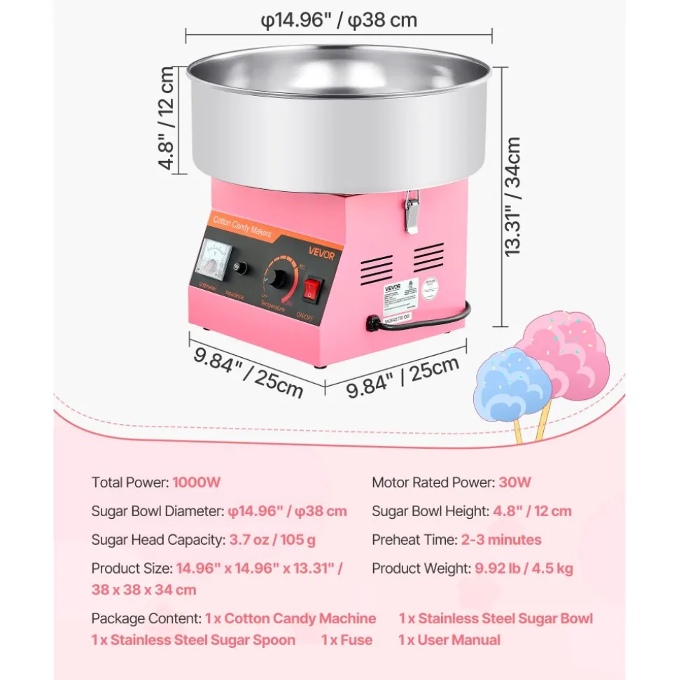VEVOR Cotton Candy Machine Commercial, 1000W Electric Candy Floss Maker, Easy Use with 15 inch Stainless Steel Bowl and Sugar Scoop, Makes Hard Candy for Home Kids Birthday, Family Party, Pink
