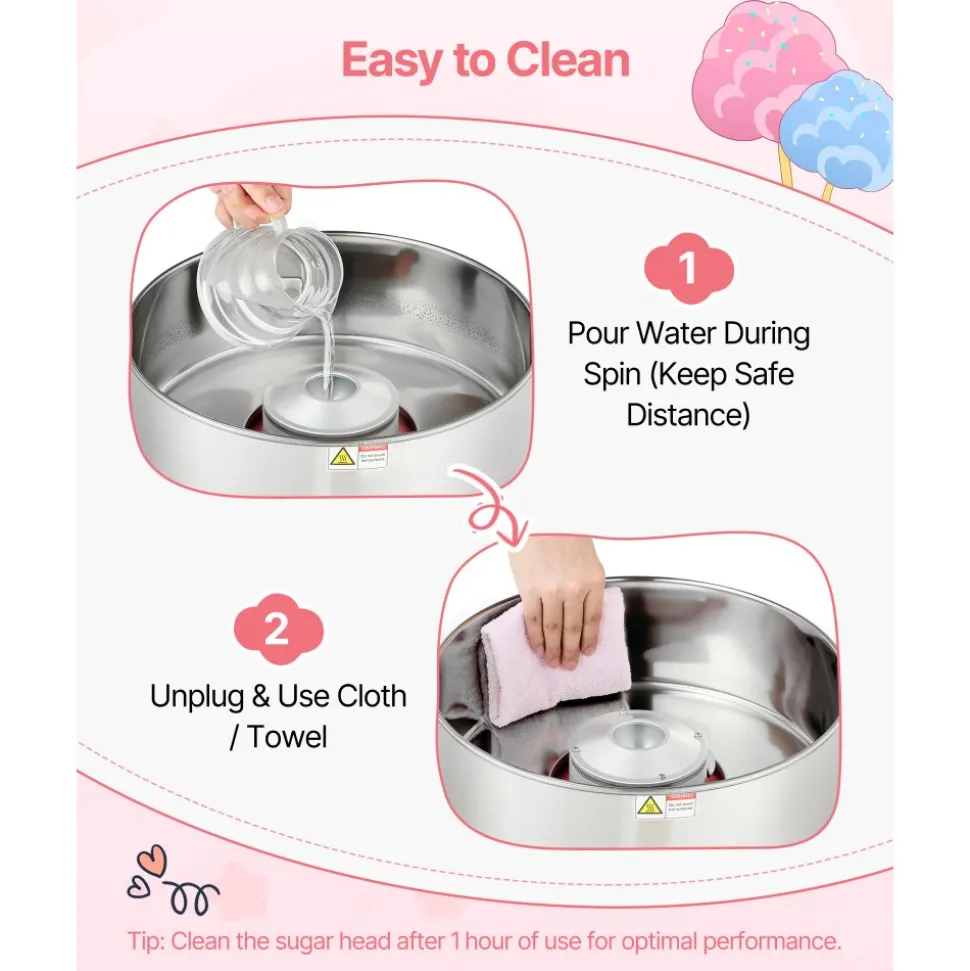 VEVOR Cotton Candy Machine Commercial, 1000W Electric Candy Floss Maker, Easy Use with 15 inch Stainless Steel Bowl and Sugar Scoop, Makes Hard Candy for Home Kids Birthday, Family Party, Pink