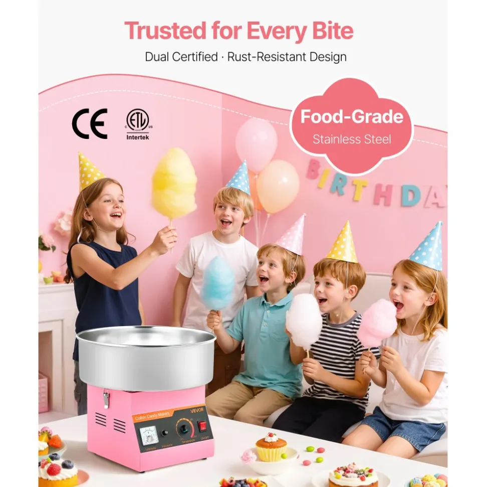 VEVOR Cotton Candy Machine Commercial, 1000W Electric Candy Floss Maker, Easy Use with 15 inch Stainless Steel Bowl and Sugar Scoop, Makes Hard Candy for Home Kids Birthday, Family Party, Pink