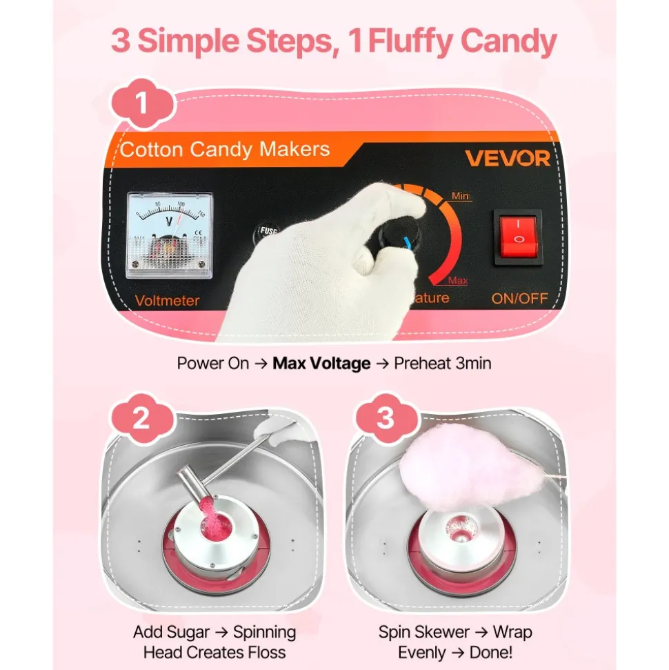 VEVOR Cotton Candy Machine Commercial, 1000W Electric Candy Floss Maker, Easy Use with 15 inch Stainless Steel Bowl and Sugar Scoop, Makes Hard Candy for Home Kids Birthday, Family Party, Pink