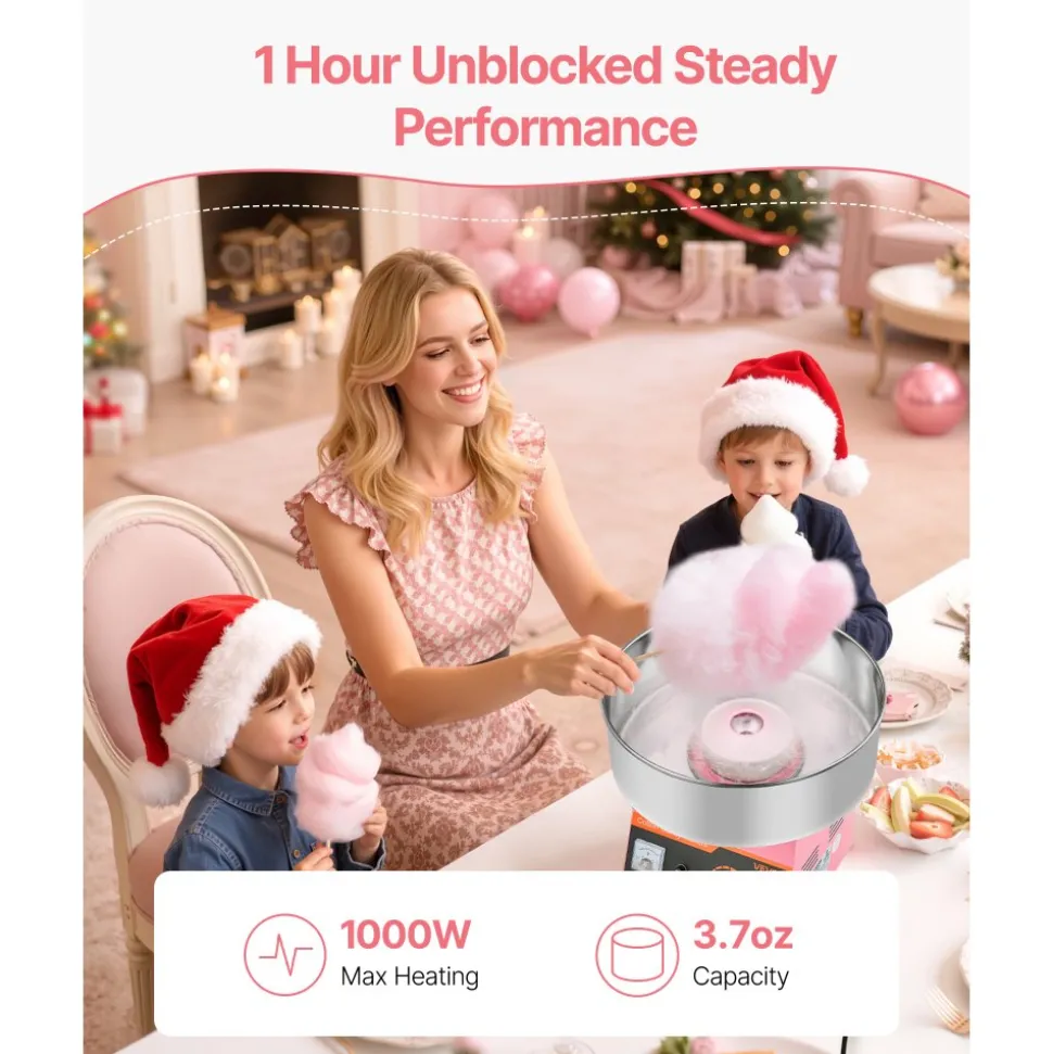VEVOR Cotton Candy Machine Commercial, 1000W Electric Candy Floss Maker, Easy Use with 15 inch Stainless Steel Bowl and Sugar Scoop, Makes Hard Candy for Home Kids Birthday, Family Party, Pink