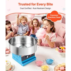 VEVOR Cotton Candy Machine Commercial 1000W Electric Candy Floss Maker Blue, Ideal for Home, Carnival, Birthday, Family Party, Easy Use with 20.5 in Stainless Steel Bowl, Storage Tray and Sugar Scoop
