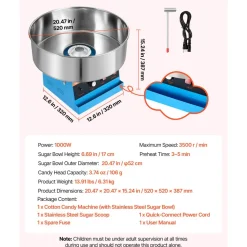 VEVOR Cotton Candy Machine Commercial 1000W Electric Candy Floss Maker Blue, Ideal for Home, Carnival, Birthday, Family Party, Easy Use with 20.5 in Stainless Steel Bowl, Storage Tray and Sugar Scoop