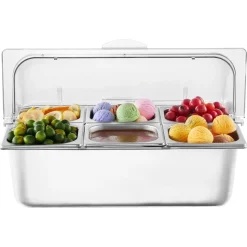 VEVOR Countertop Food Serving Display Container, 6 Pan Stainless Steel Food Serving Tray, Buffet Condiment Dispenser Display Rack with Clear Lid & 3 Freezer Boxes, for Restaurant Hotel Kitchen Party