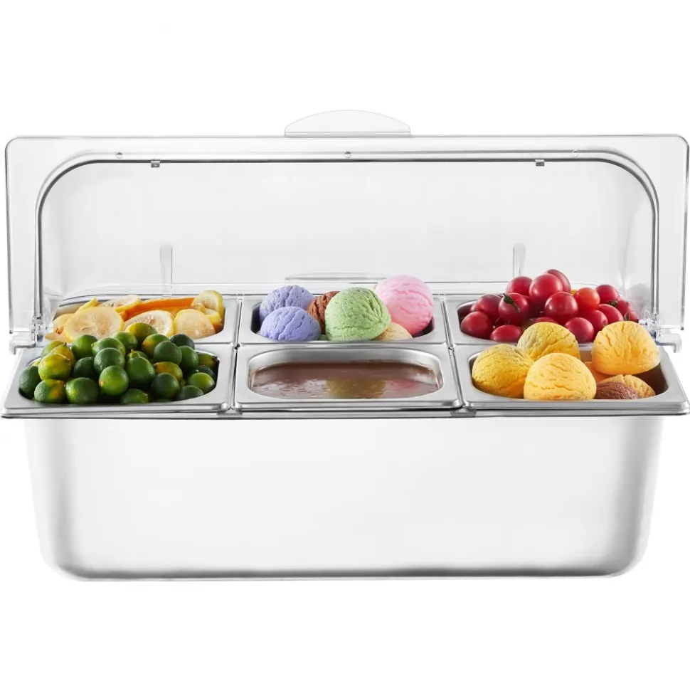VEVOR Countertop Food Serving Display Container, 6 Pan Stainless Steel Food Serving Tray, Buffet Condiment Dispenser Display Rack with Clear Lid & 3 Freezer Boxes, for Restaurant Hotel Kitchen Party