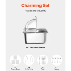 VEVOR Countertop Food Serving Display Container, 6 Pan Stainless Steel Food Serving Tray, Buffet Condiment Dispenser Display Rack with Clear Lid & 3 Freezer Boxes, for Restaurant Hotel Kitchen Party