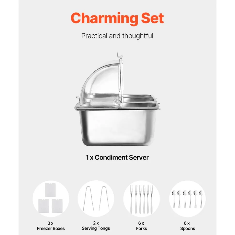 VEVOR Countertop Food Serving Display Container, 6 Pan Stainless Steel Food Serving Tray, Buffet Condiment Dispenser Display Rack with Clear Lid & 3 Freezer Boxes, for Restaurant Hotel Kitchen Party