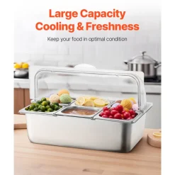 VEVOR Countertop Food Serving Display Container, 6 Pan Stainless Steel Food Serving Tray, Buffet Condiment Dispenser Display Rack with Clear Lid & 3 Freezer Boxes, for Restaurant Hotel Kitchen Party