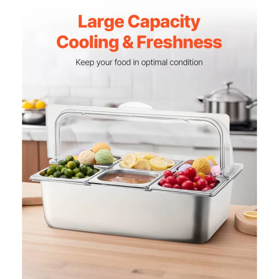 VEVOR Countertop Food Serving Display Container, 6 Pan Stainless Steel Food Serving Tray, Buffet Condiment Dispenser Display Rack with Clear Lid & 3 Freezer Boxes, for Restaurant Hotel Kitchen Party