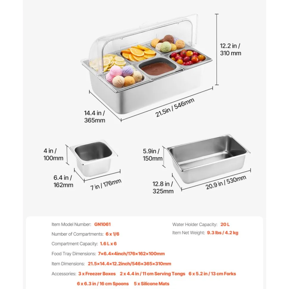 VEVOR Countertop Food Serving Display Container, 6 Pan Stainless Steel Food Serving Tray, Buffet Condiment Dispenser Display Rack with Clear Lid & 3 Freezer Boxes, for Restaurant Hotel Kitchen Party